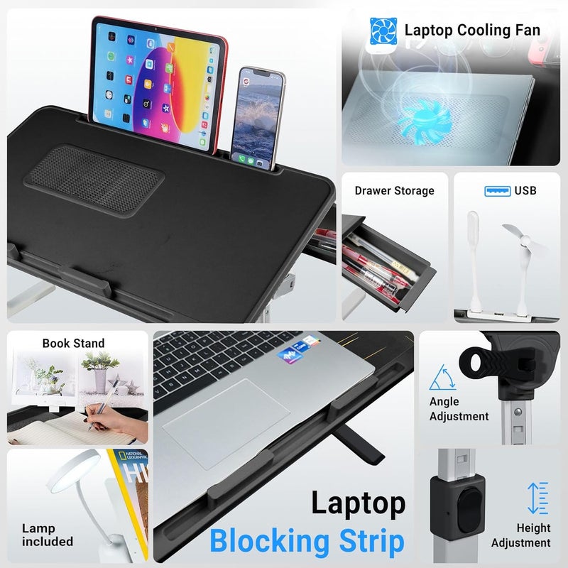 XTRA Laptop Lap Desk with Cooling Fan - Adjustable with Light, USB, Storage Drawer - Folding Bed Desk,23.62"*15.74",Black - Image 3